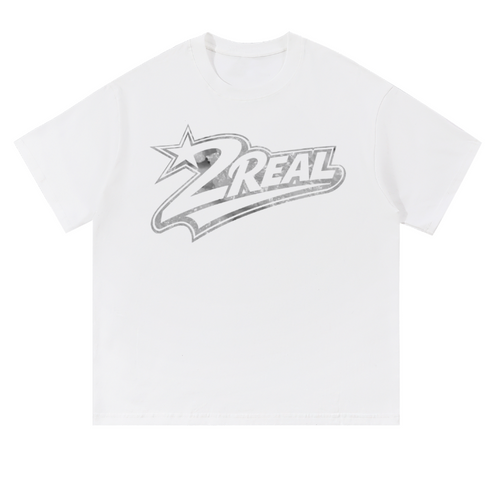 White t-shirt with '2 Real' logo on a white background