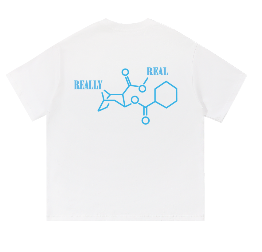 White t-shirt with blue molecular structure design and 'REALLY REAL' text on a white background