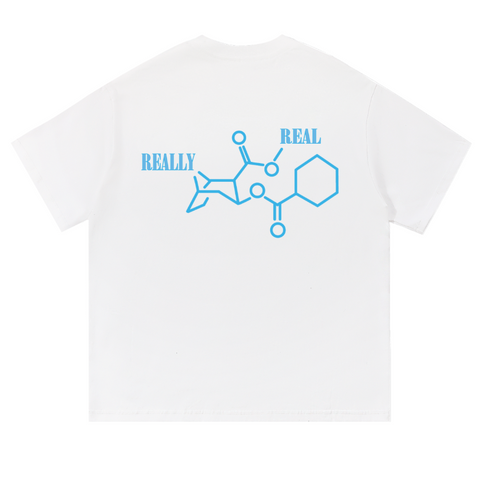 White t-shirt with blue molecular structure design and 'REALLY REAL' text on a white background